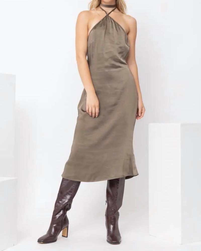 Front of a model wearing a size Large Satin Slip Dress In Dark Olive in Dark Olive by Pretty Garbage. | dia_product_style_image_id:342317